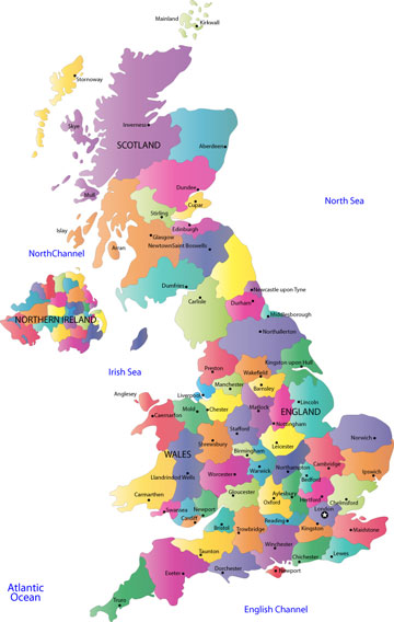 UK map, showing counties and county towns